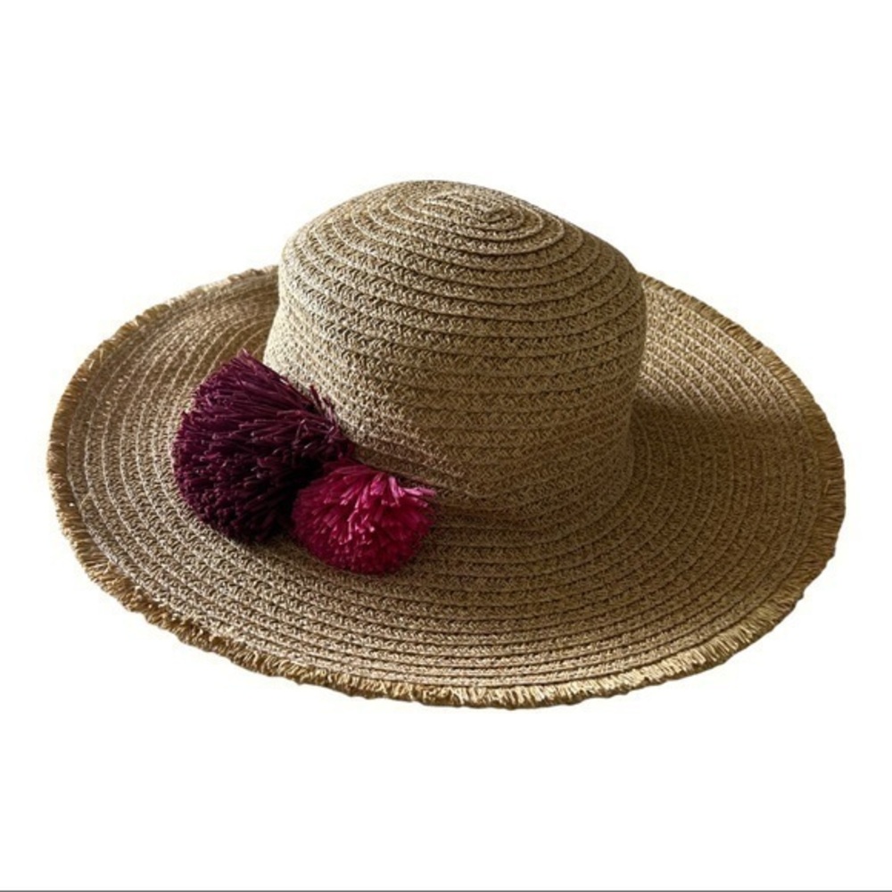 Women Straw Packable Floppy Fringe Natural Summer Hat With Pink Pom Pom